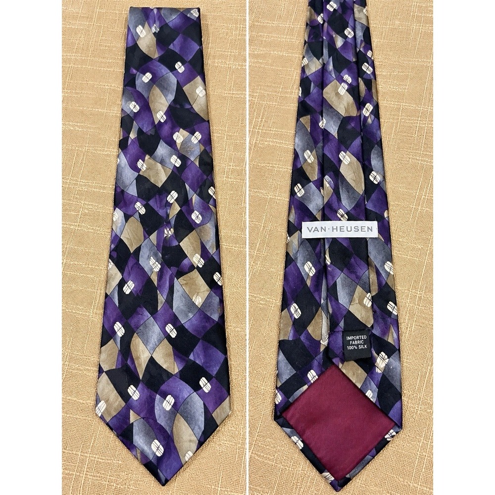 Van Heusen Men’s 100% Silk Tie Purple Black Gray Abstract Geometric Necktie